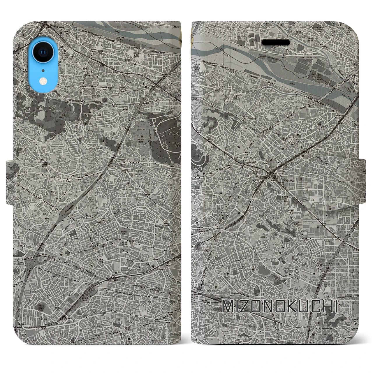 【溝の口】地図柄iPhoneケース（手帳両面タイプ・モノトーン）iPhone XR 用
