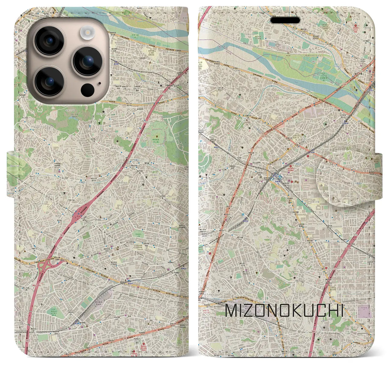 【溝の口（神奈川県）】地図柄iPhoneケース（手帳タイプ）ナチュラル・iPhone 16 Plus 用