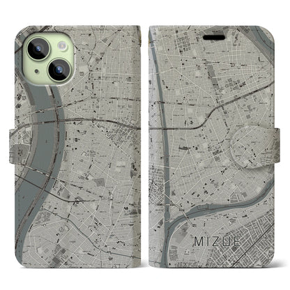 【瑞江（東京都）】地図柄iPhoneケース（手帳タイプ）モノトーン・iPhone 15 用