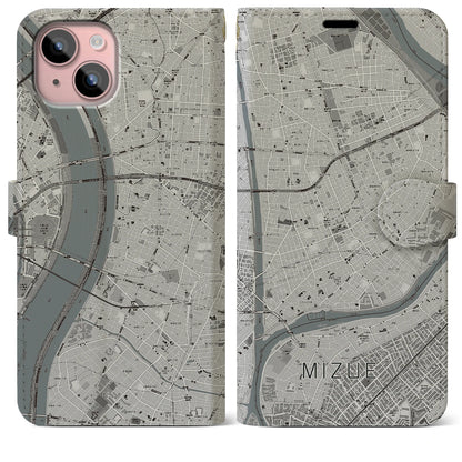 【瑞江（東京都）】地図柄iPhoneケース（手帳タイプ）モノトーン・iPhone 15 Plus 用