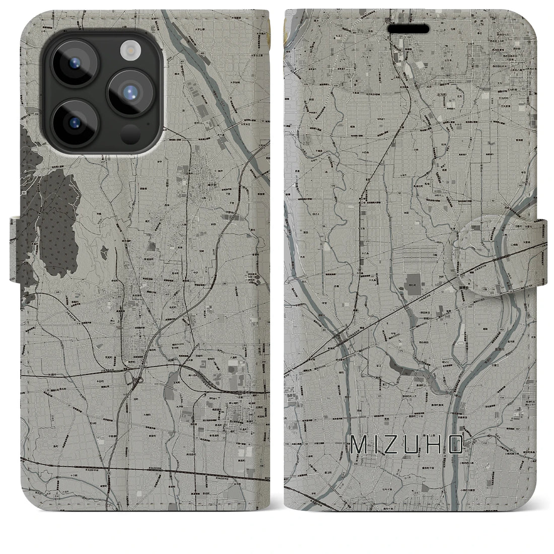 【瑞穂】地図柄iPhoneケース（手帳両面タイプ・モノトーン）iPhone 15 Pro Max 用