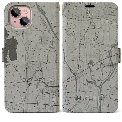 【瑞穂（岐阜県）】地図柄iPhoneケース（手帳タイプ）モノトーン・iPhone 15 Plus 用