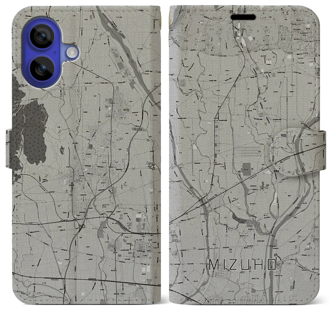 【瑞穂(岐阜県)】地図柄iPhoneケース(手帳タイプ)モノトーン・iPhone 16 Pro Max 用