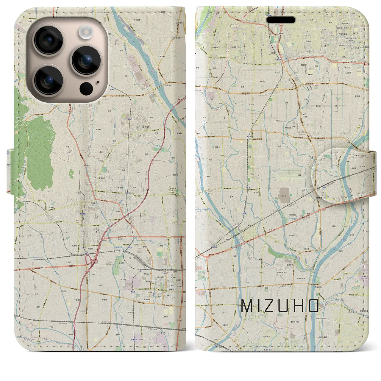 【瑞穂（岐阜県）】地図柄iPhoneケース（手帳タイプ）ナチュラル・iPhone 16 Plus 用