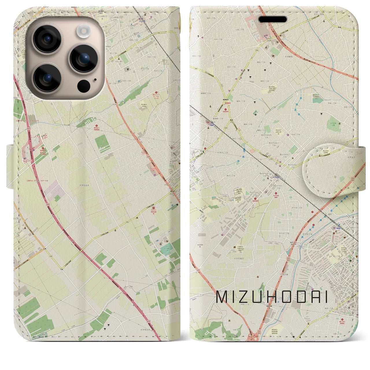 【みずほ台（埼玉県）】地図柄iPhoneケース（手帳タイプ）ナチュラル・iPhone 16 Plus 用