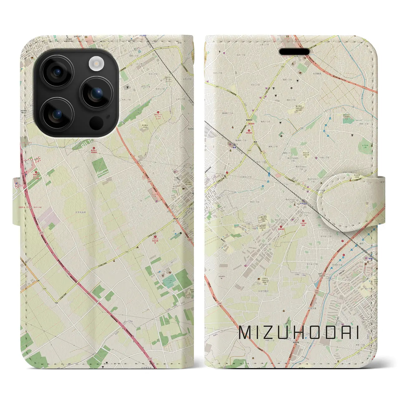 【みずほ台（埼玉県）】地図柄iPhoneケース（手帳タイプ）ナチュラル・iPhone 16 用