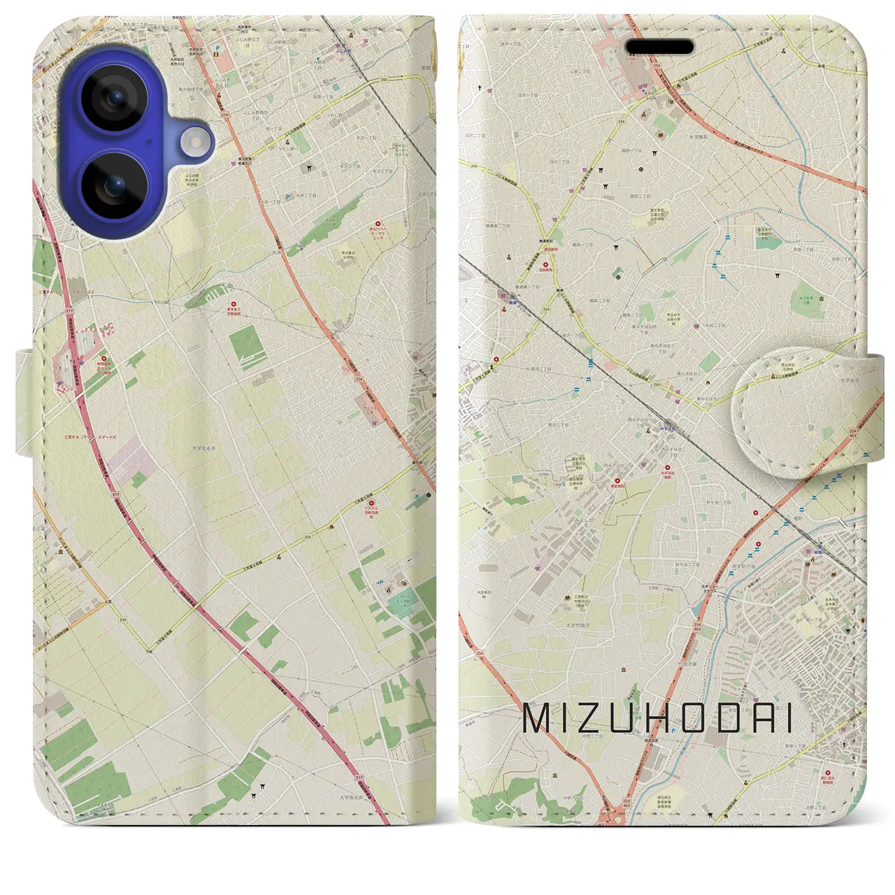 【みずほ台（埼玉県）】地図柄iPhoneケース（手帳タイプ）ナチュラル・iPhone 16 Pro Max 用