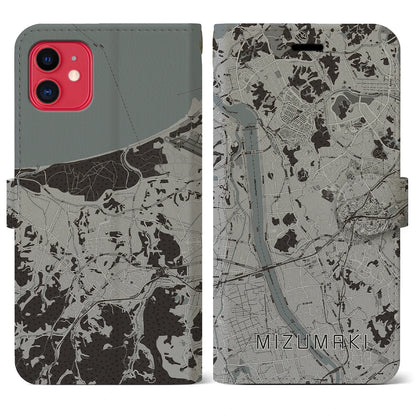 【水巻（福岡県）】地図柄iPhoneケース（手帳タイプ）モノトーン・iPhone 11 用