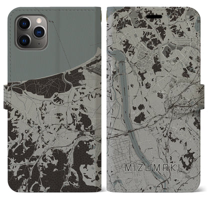 【水巻（福岡県）】地図柄iPhoneケース（手帳タイプ）モノトーン・iPhone 11 Pro Max 用