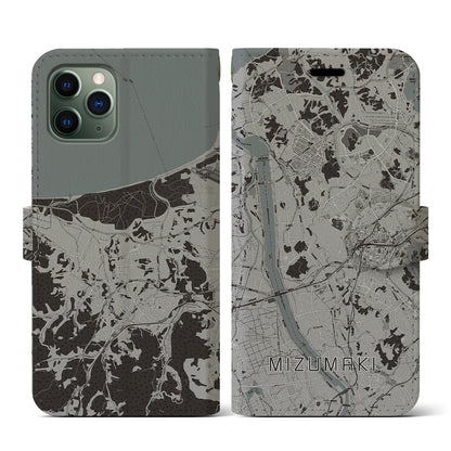 【水巻（福岡県）】地図柄iPhoneケース（手帳タイプ）モノトーン・iPhone 11 Pro 用