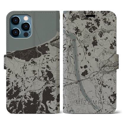 【水巻（福岡県）】地図柄iPhoneケース（手帳タイプ）モノトーン・iPhone 12 / 12 Pro 用