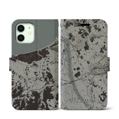 【水巻（福岡県）】地図柄iPhoneケース（手帳タイプ）モノトーン・iPhone 12 mini 用