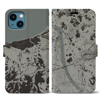 【水巻（福岡県）】地図柄iPhoneケース（手帳タイプ）モノトーン・iPhone 13 用