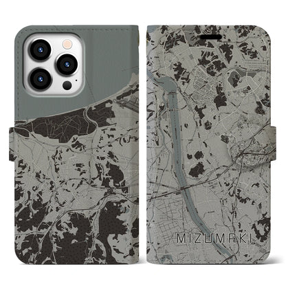 【水巻（福岡県）】地図柄iPhoneケース（手帳タイプ）モノトーン・iPhone 13 Pro 用