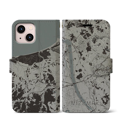 【水巻（福岡県）】地図柄iPhoneケース（手帳タイプ）モノトーン・iPhone 13 mini 用