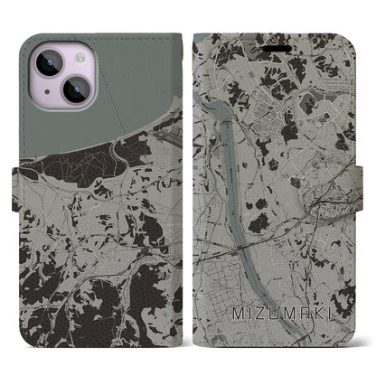 【水巻（福岡県）】地図柄iPhoneケース（手帳タイプ）モノトーン・iPhone 14 用