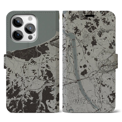 【水巻（福岡県）】地図柄iPhoneケース（手帳タイプ）モノトーン・iPhone 14 Pro 用