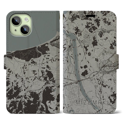 【水巻（福岡県）】地図柄iPhoneケース（手帳タイプ）モノトーン・iPhone 15 用