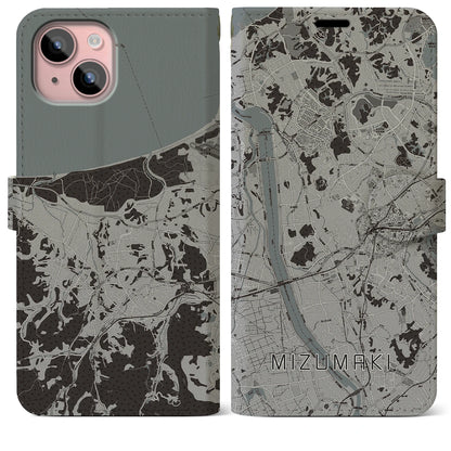 【水巻（福岡県）】地図柄iPhoneケース（手帳タイプ）モノトーン・iPhone 15 Plus 用