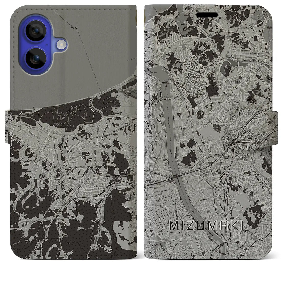 【水巻(福岡県)】地図柄iPhoneケース(手帳タイプ)モノトーン・iPhone 16 Pro Max 用