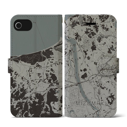 【水巻（福岡県）】地図柄iPhoneケース（手帳タイプ）モノトーン・iPhone SE（第3 / 第2世代） / 8 / 7 / 6s / 6 用