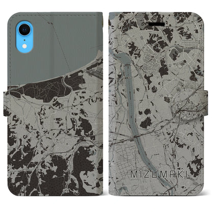 【水巻（福岡県）】地図柄iPhoneケース（手帳タイプ）モノトーン・iPhone XR 用