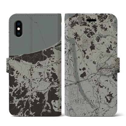 【水巻（福岡県）】地図柄iPhoneケース（手帳タイプ）モノトーン・iPhone XS / X 用