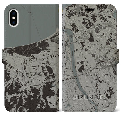 【水巻（福岡県）】地図柄iPhoneケース（手帳タイプ）モノトーン・iPhone XS Max 用