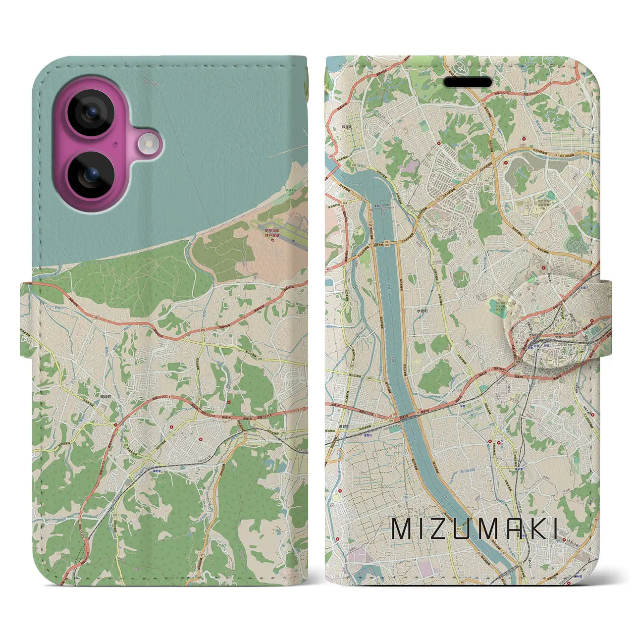 【水巻（福岡県）】地図柄iPhoneケース（手帳タイプ）ナチュラル・iPhone 16 Pro 用