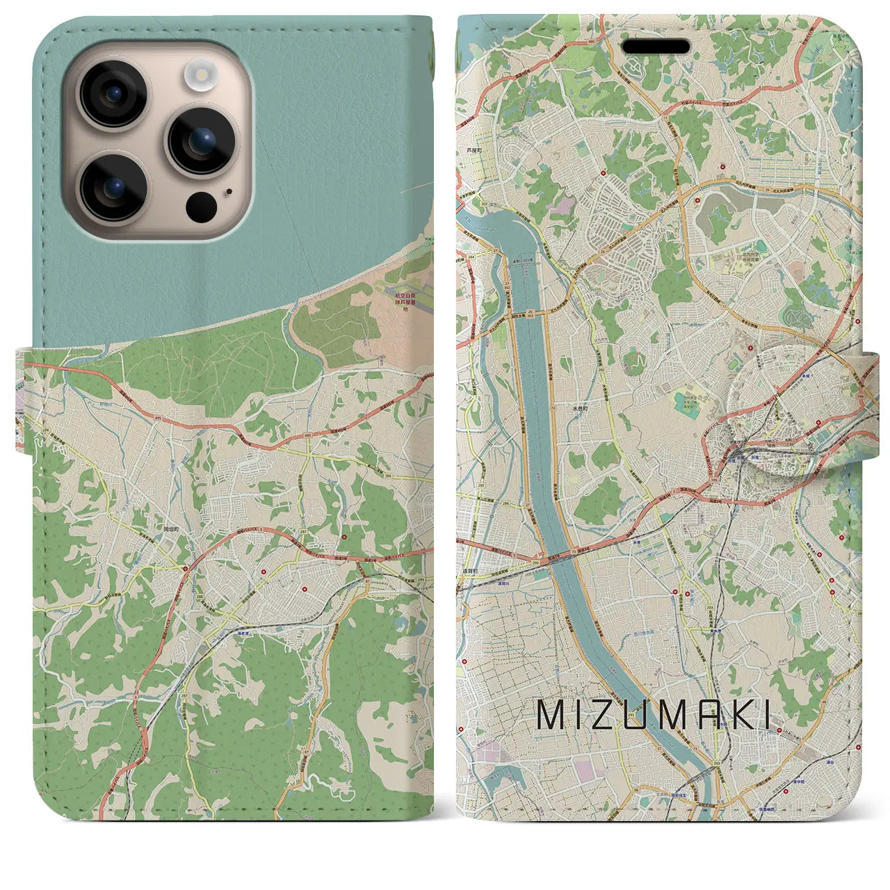 【水巻（福岡県）】地図柄iPhoneケース（手帳タイプ）ナチュラル・iPhone 16 Plus 用