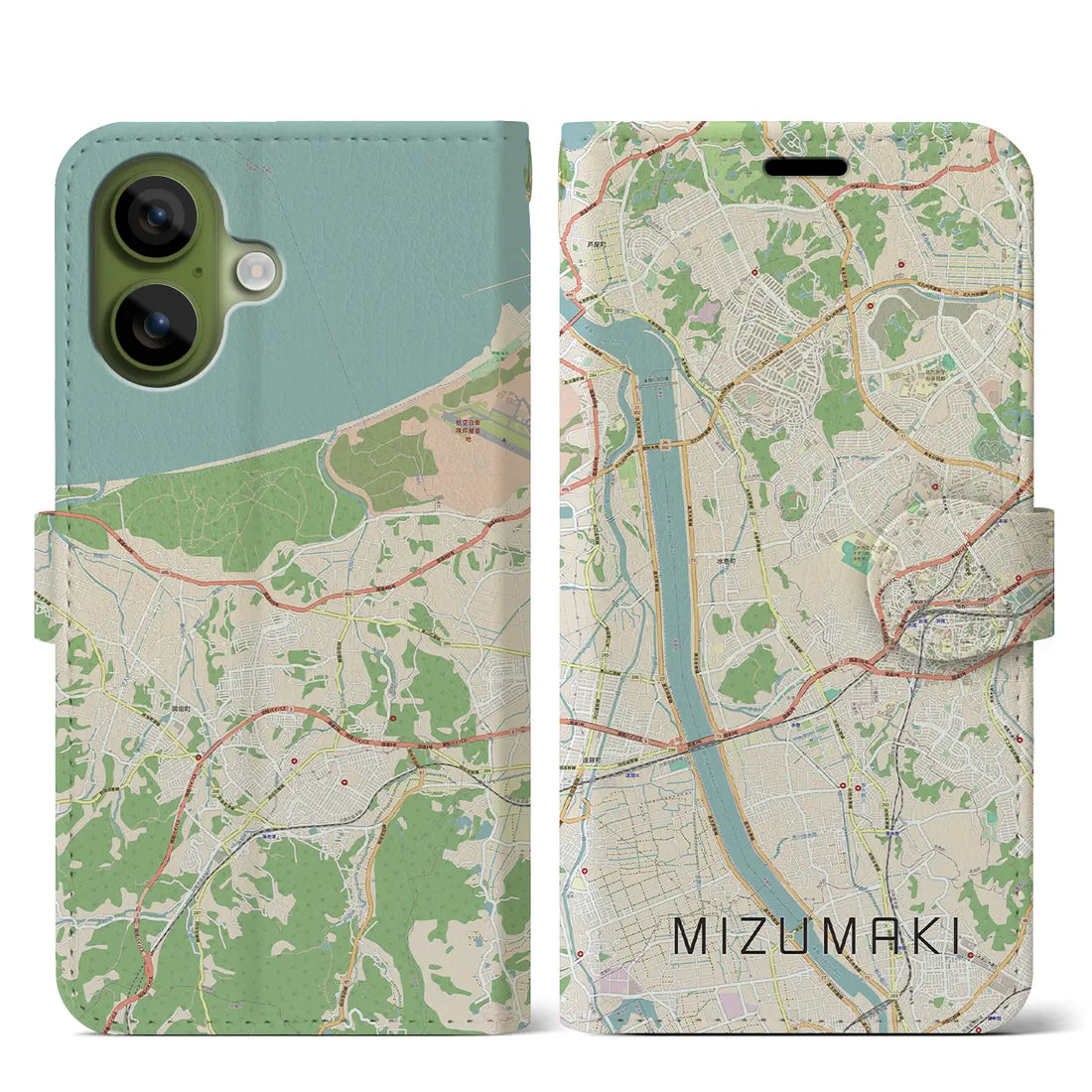 【水巻（福岡県）】地図柄iPhoneケース（手帳タイプ）モノトーン・iPhone 17 Pro Max 用
