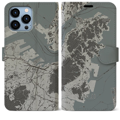 【門司（福岡県）】地図柄iPhoneケース（手帳タイプ）モノトーン・iPhone 13 Pro Max 用