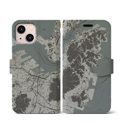 【門司（福岡県）】地図柄iPhoneケース（手帳タイプ）モノトーン・iPhone 13 mini 用