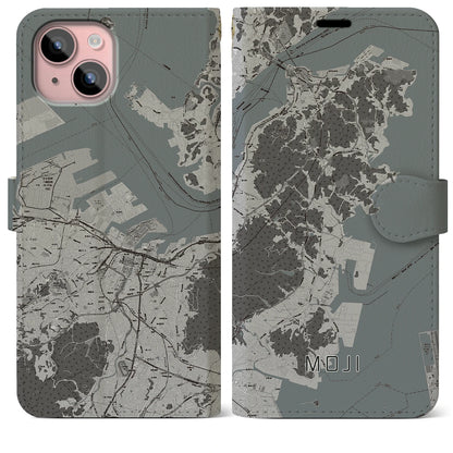 【門司（福岡県）】地図柄iPhoneケース（手帳タイプ）モノトーン・iPhone 15 Plus 用