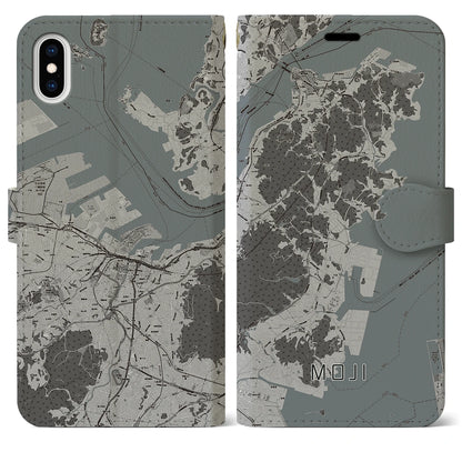 【門司（福岡県）】地図柄iPhoneケース（手帳タイプ）モノトーン・iPhone XS Max 用