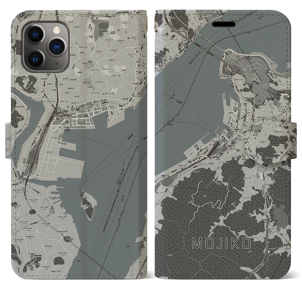 【門司港】地図柄iPhoneケース（手帳両面タイプ・モノトーン）iPhone 11 Pro Max 用