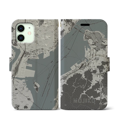 【門司港（福岡県）】地図柄iPhoneケース（手帳タイプ）モノトーン・iPhone 12 mini 用