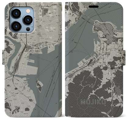 【門司港（福岡県）】地図柄iPhoneケース（手帳タイプ）モノトーン・iPhone 13 Pro Max 用