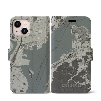 【門司港（福岡県）】地図柄iPhoneケース（手帳タイプ）モノトーン・iPhone 13 mini 用
