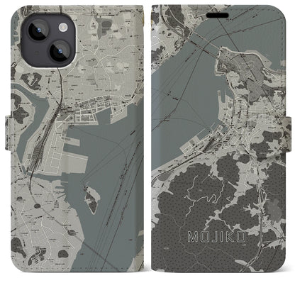 【門司港（福岡県）】地図柄iPhoneケース（手帳タイプ）モノトーン・iPhone 14 Plus 用