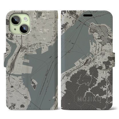 【門司港（福岡県）】地図柄iPhoneケース（手帳タイプ）モノトーン・iPhone 15 用