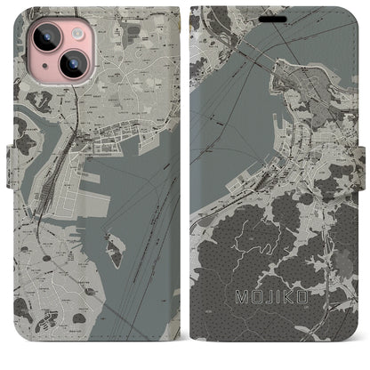 【門司港（福岡県）】地図柄iPhoneケース（手帳タイプ）モノトーン・iPhone 15 Plus 用
