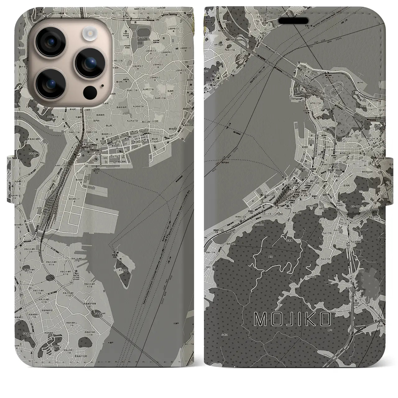 【門司港（福岡県）】地図柄iPhoneケース（手帳タイプ）モノトーン・iPhone 16 Plus 用