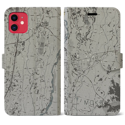 【真岡（栃木県）】地図柄iPhoneケース（手帳タイプ）モノトーン・iPhone 11 用