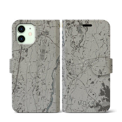 【真岡（栃木県）】地図柄iPhoneケース（手帳タイプ）モノトーン・iPhone 12 mini 用