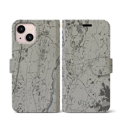 【真岡（栃木県）】地図柄iPhoneケース（手帳タイプ）モノトーン・iPhone 13 mini 用