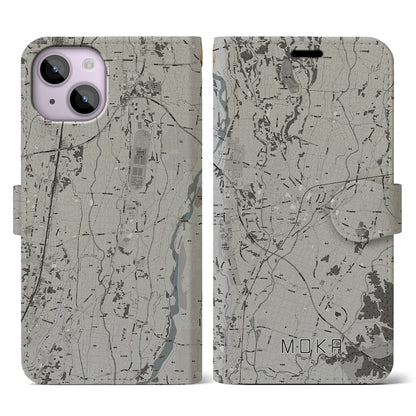 【真岡（栃木県）】地図柄iPhoneケース（手帳タイプ）モノトーン・iPhone 14 用