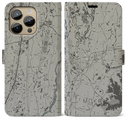 【真岡（栃木県）】地図柄iPhoneケース（手帳タイプ）モノトーン・iPhone 14 Pro Max 用