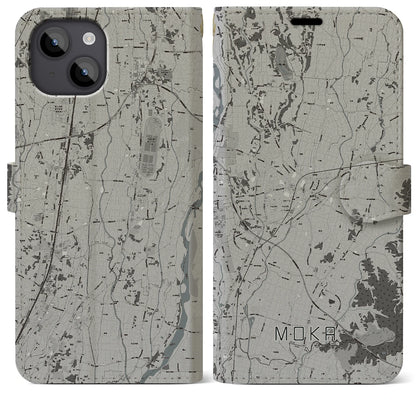 【真岡（栃木県）】地図柄iPhoneケース（手帳タイプ）モノトーン・iPhone 14 Plus 用