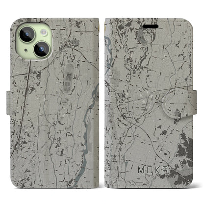 【真岡（栃木県）】地図柄iPhoneケース（手帳タイプ）モノトーン・iPhone 15 用